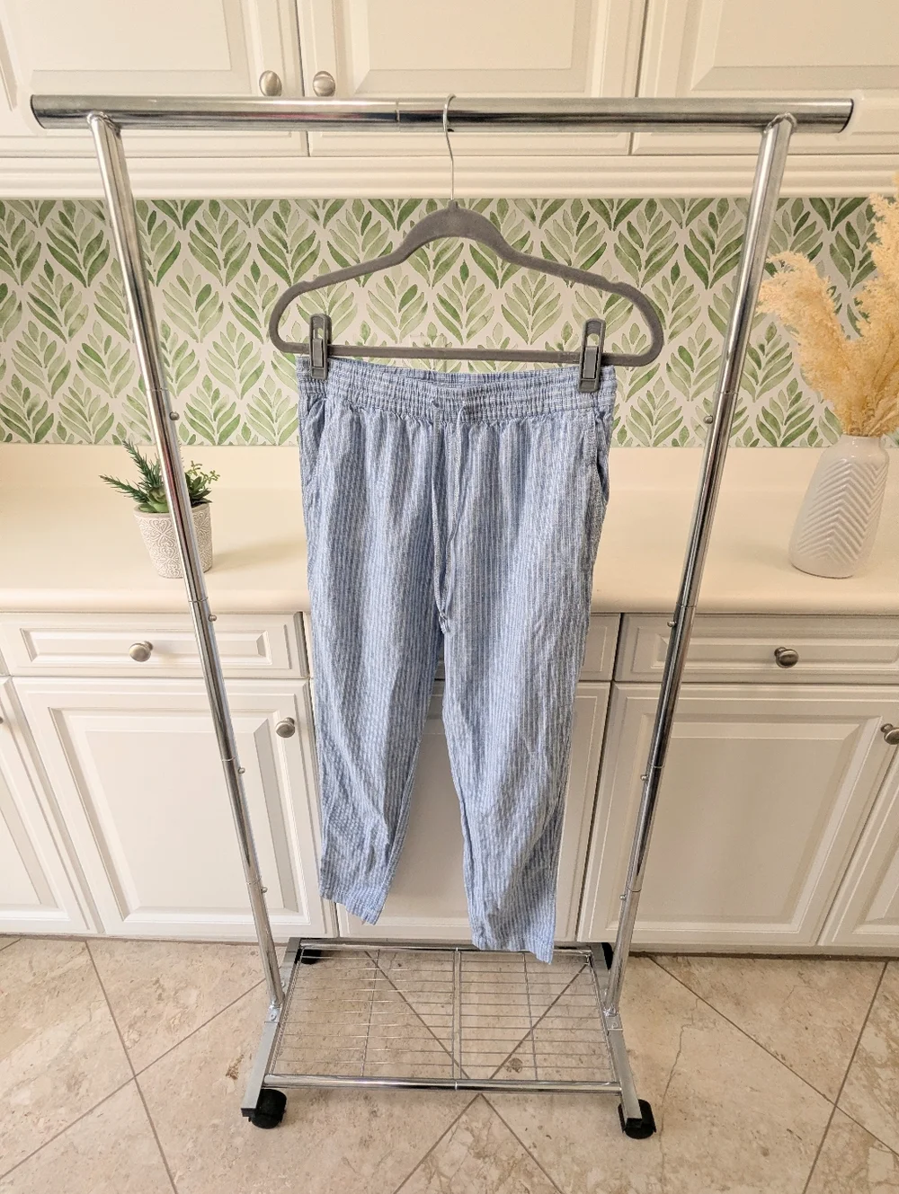H&M Blue and White Striped Drawstring Linen Pants Small Women's Preppy Summer